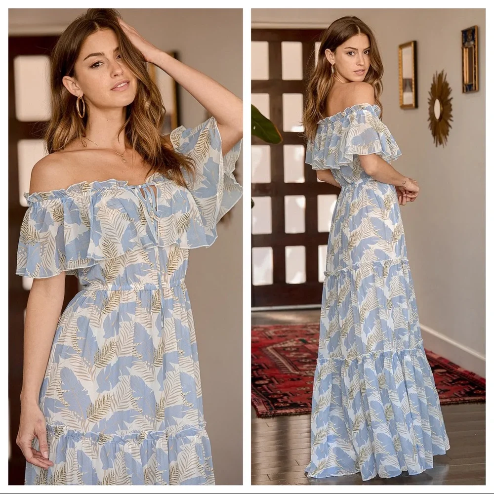 Lulus Sway in the Breeze White Leaf Print Off-the-Shoulder Maxi Dress